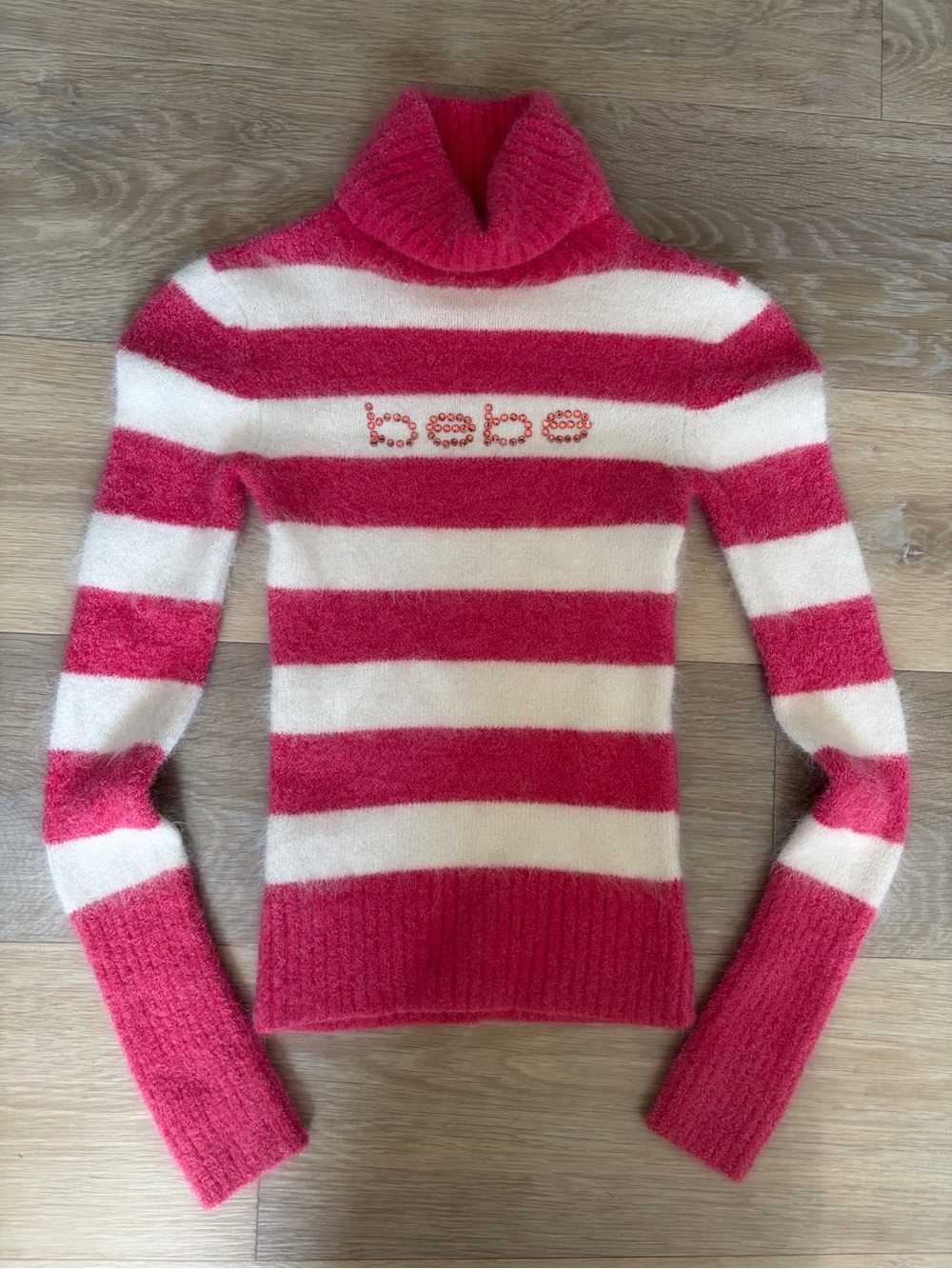 Bebe Pink Striped Rhinestone Turtleneck Sweater XS